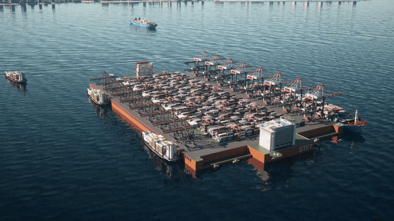Aerial rendering of the STFT floating container terminal at sea with barges and ships alongside